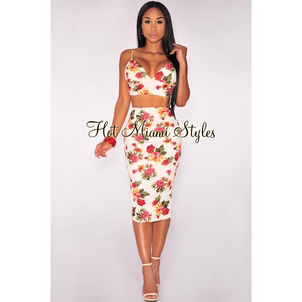 Hot Miami Styles floral chain strap skirt set